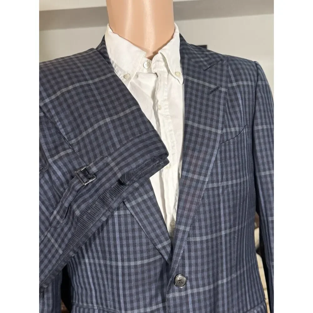 Tom Ford Blue Plaid Peak Lapel Suit Silk 48 38R US O'Connor 34x27 Trousers